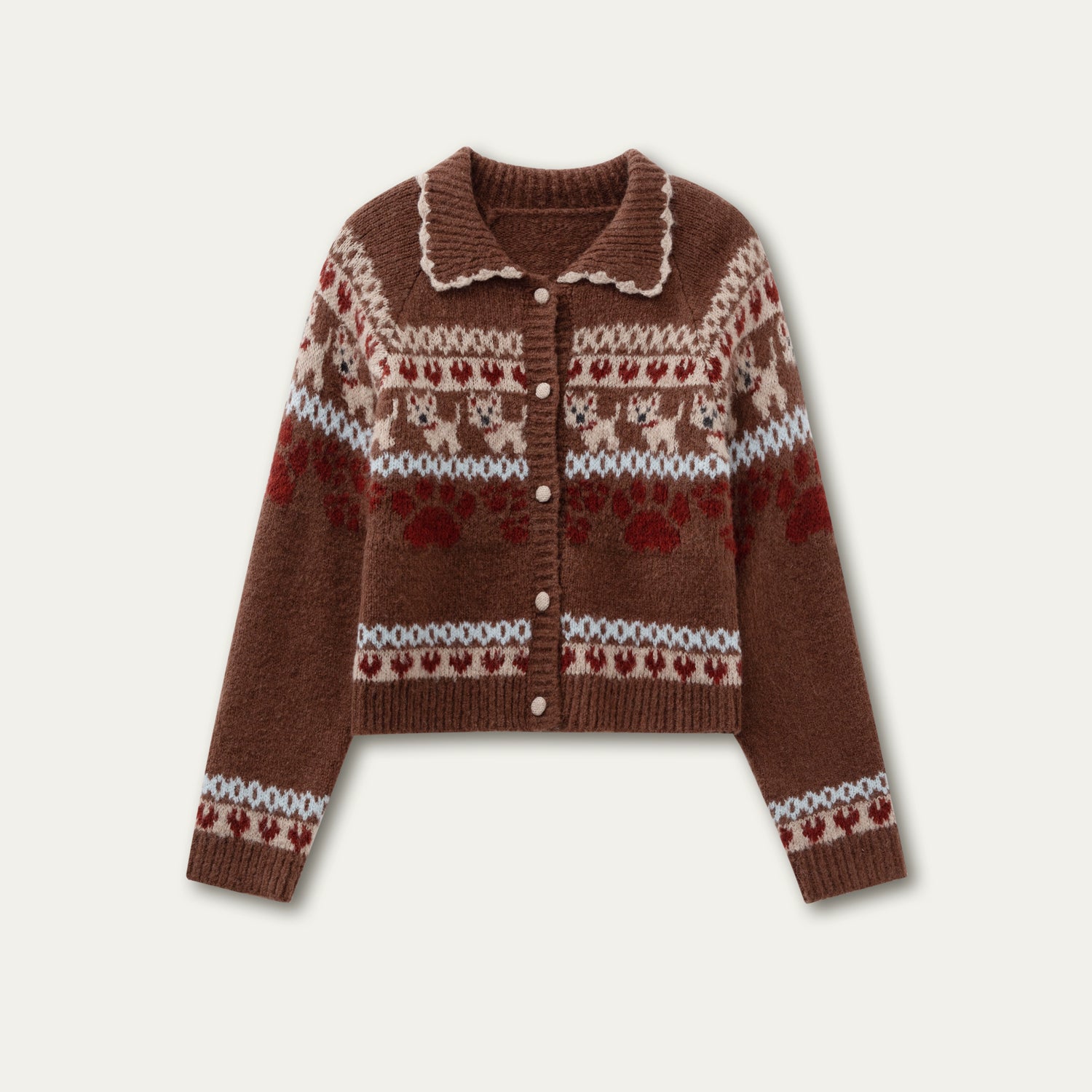 “Puppy Fair Isle” Vintage Knit Cardigan &amp; Skirt Set