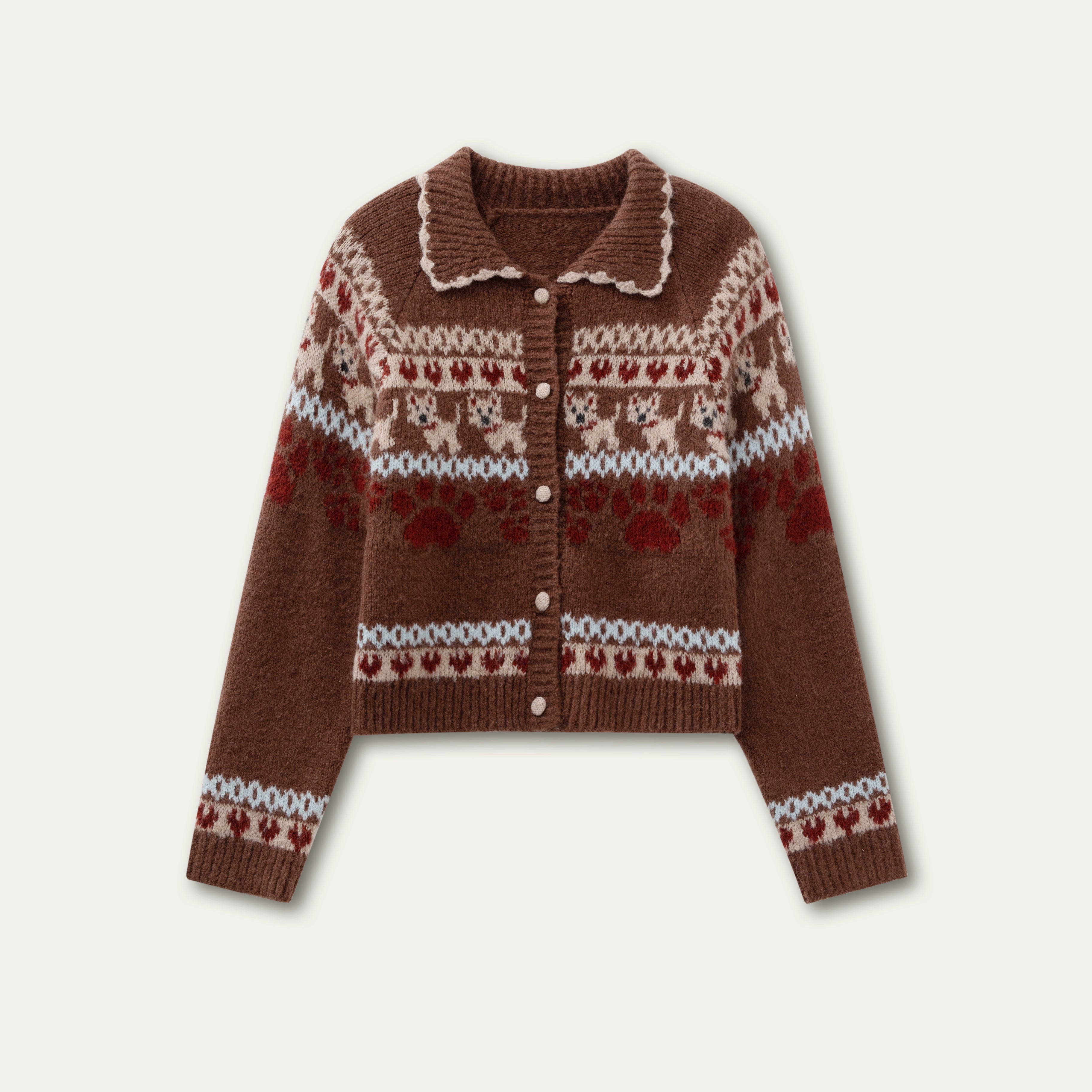 “Puppy Fair Isle” Vintage Knit Cardigan &amp; Skirt Set