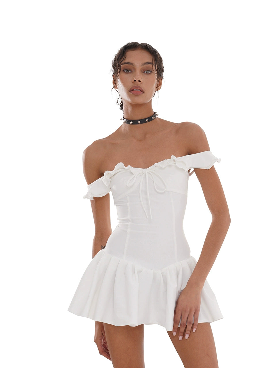 High Elastic Ruffled Waist Skater Mini Dress