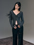 Black & Gray Ribbon Front Shimmer Wool V-neck Cardigan - CHINASQUAD