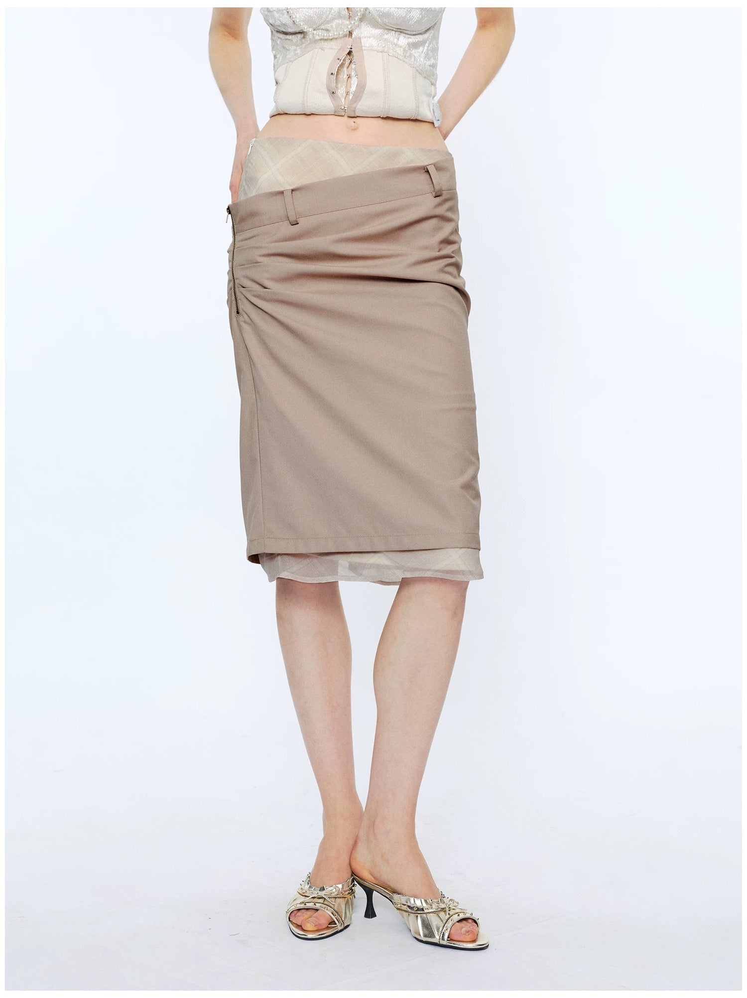 Deconstructed Check Patchwork Straight Midi Skirt