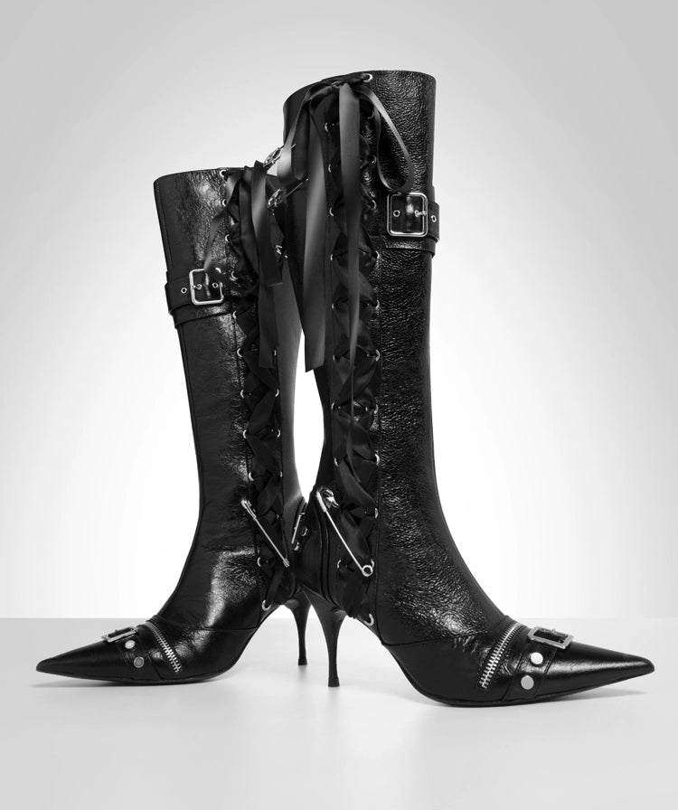 Cracked Leather High-Heel Tall Boots
