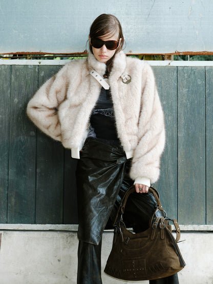 Metal-Buckle Stand Collar Faux Fur Coat