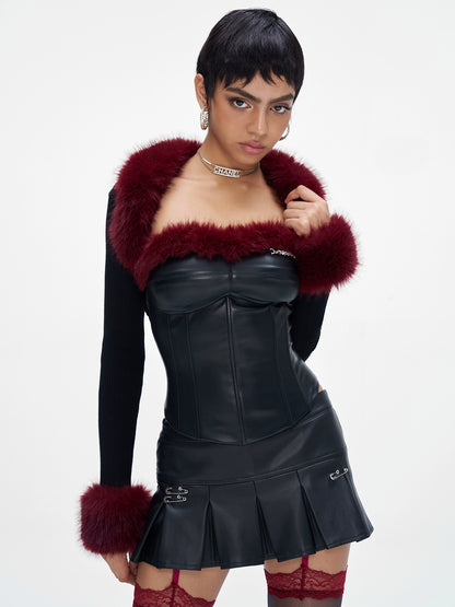 Fur-Collar Knit Cape &amp; Fuzzy Bodycon Skirt Set