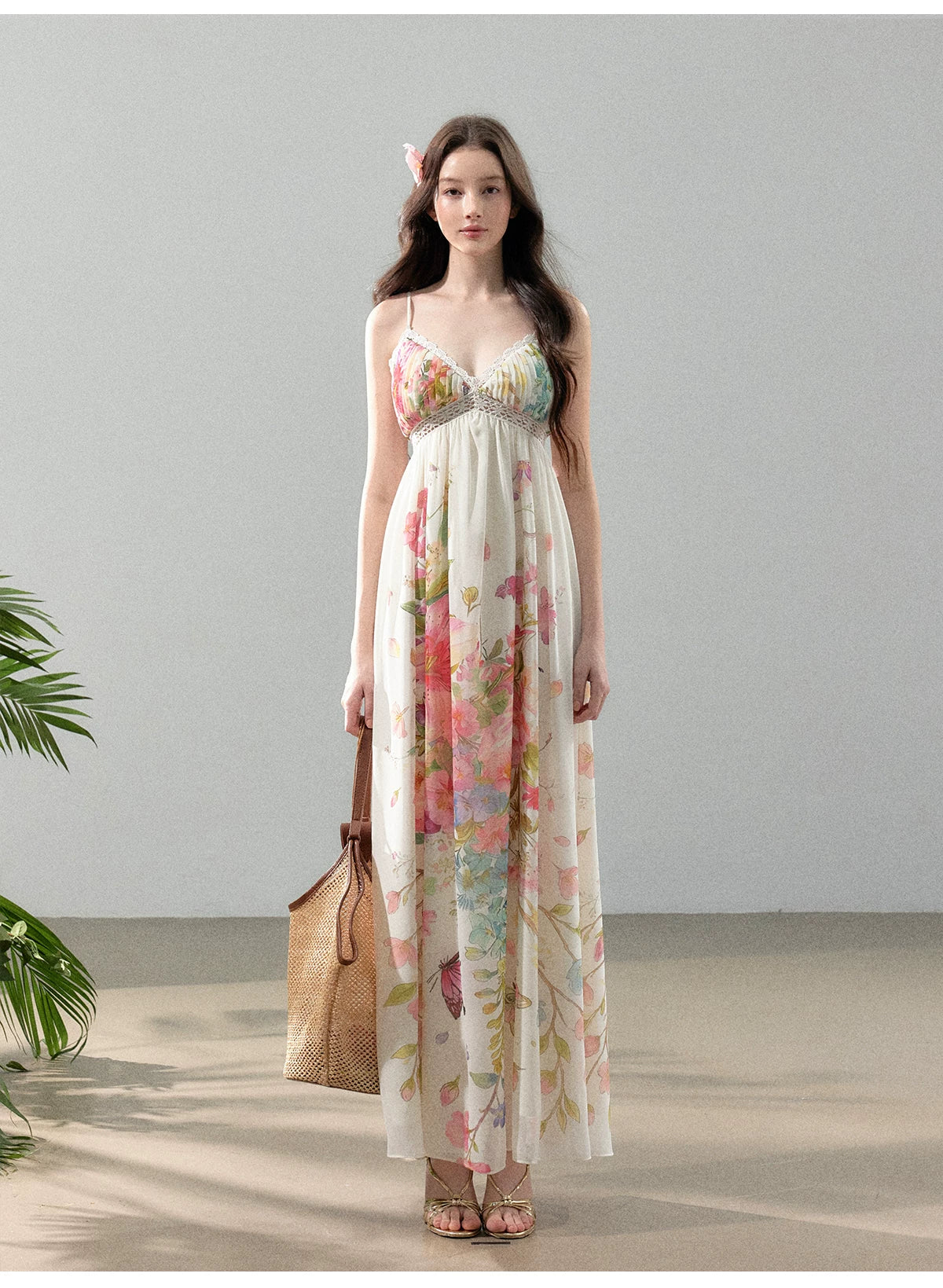 Blooming Vine Floral Chiffon Slip Maxi Dress