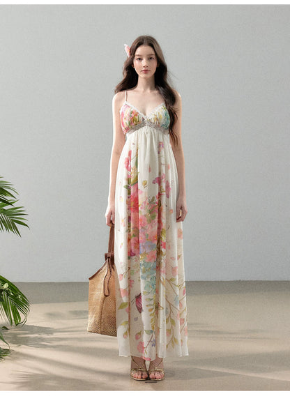 Blooming Vine Floral Chiffon Slip Maxi Dress