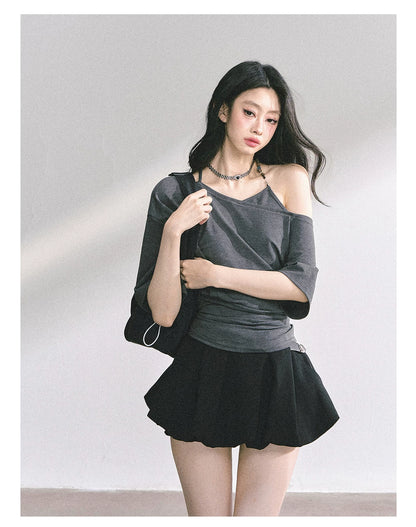 Asymmetric Short-Sleeve Halter Crop T-Shirt