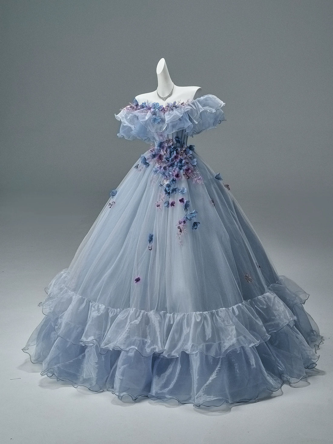 Off-Shoulder Floral Appliqué Tulle Couture Gown