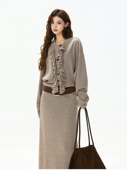 Ruffle-Trim Batwing-Sleeve Knit Crewneck