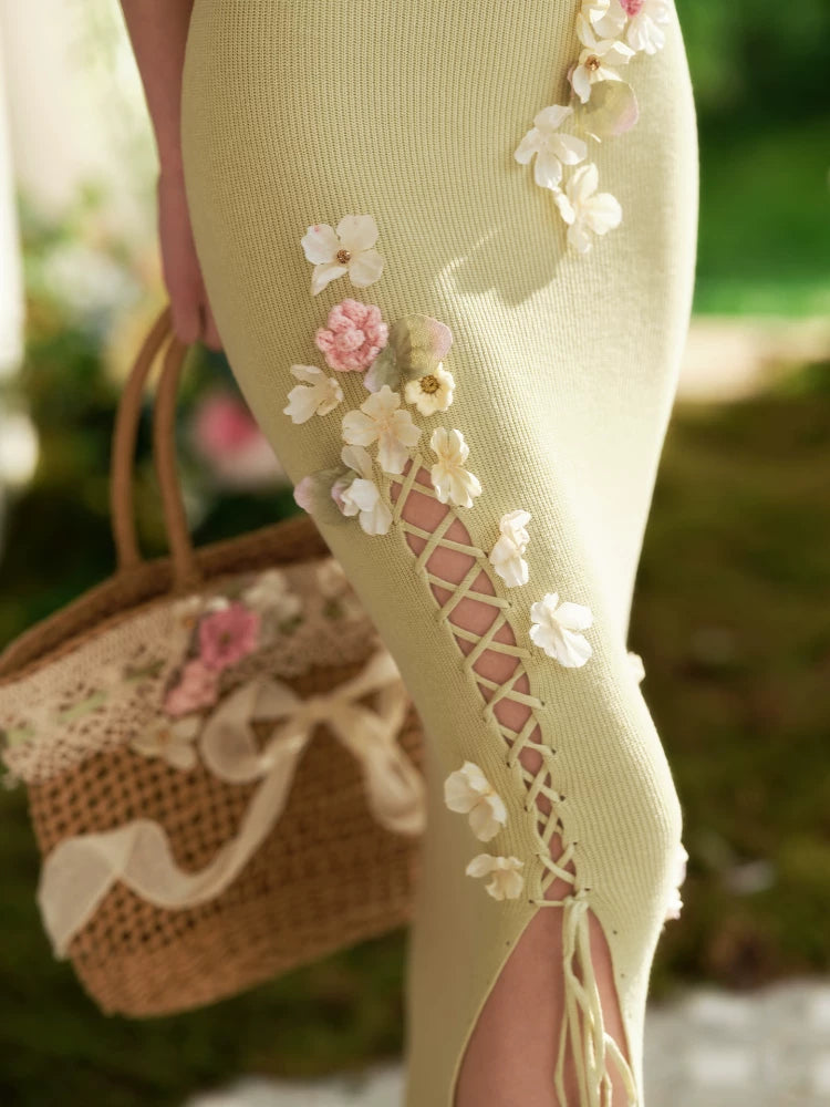 French Couture Floral Knit Split Slip Dress