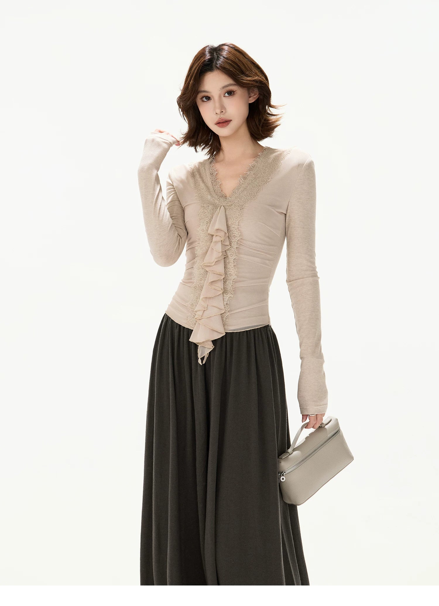 Elegant Lace Ruffle Knit V-Neck Top