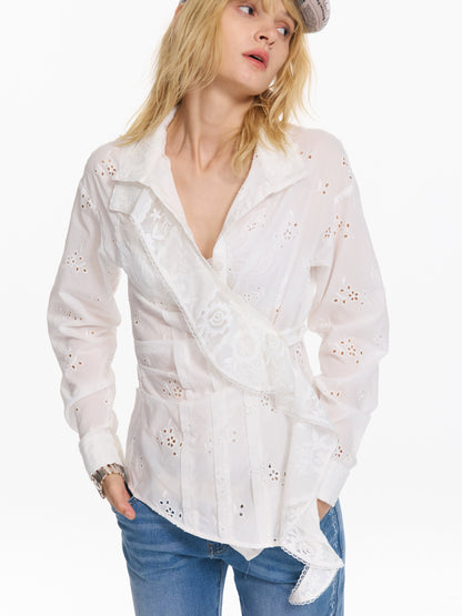 Embroidered Plaid Ruffle-Edge Shirt