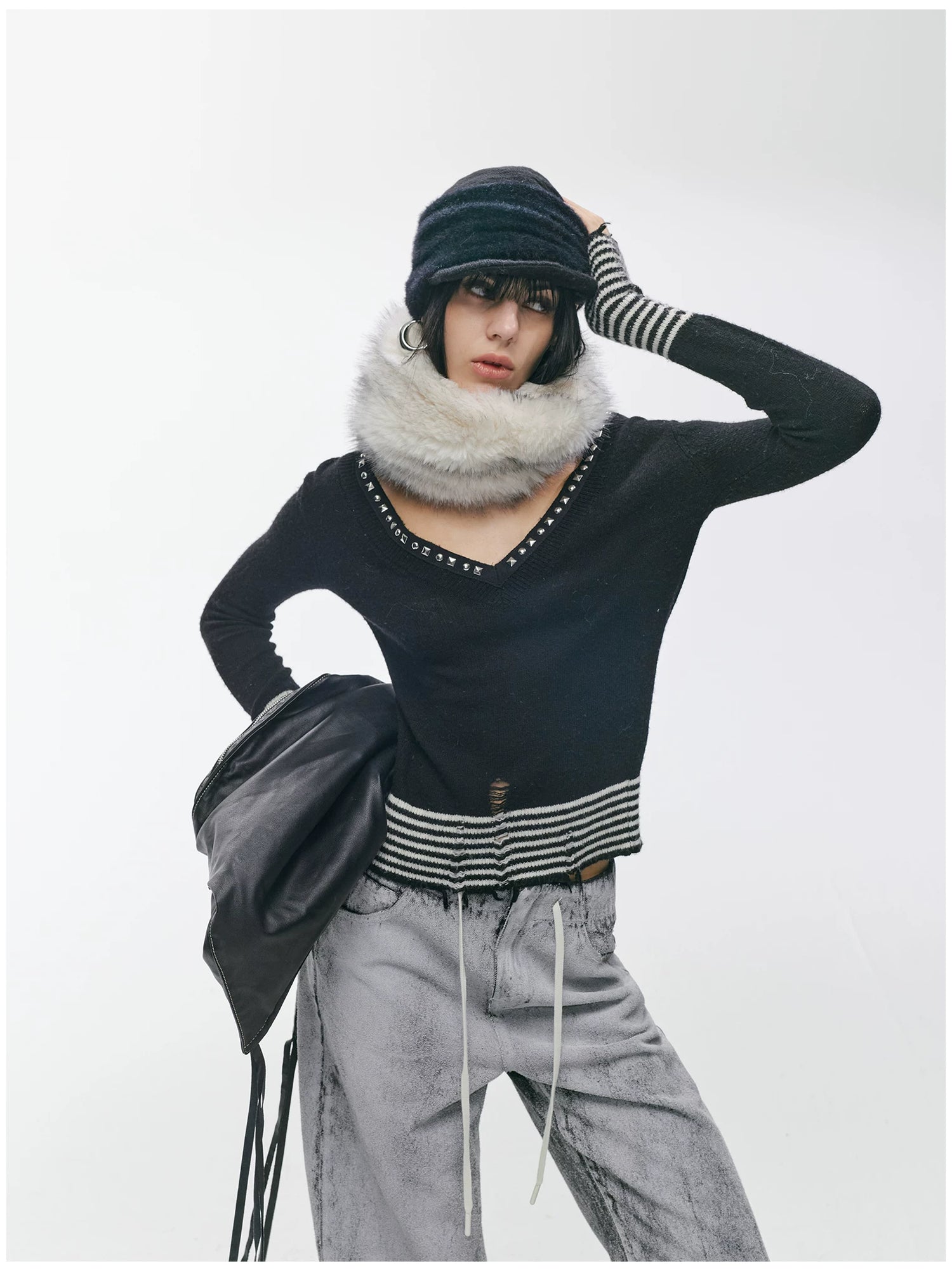 Striped Panel Slim-Fit Wool Knit Top