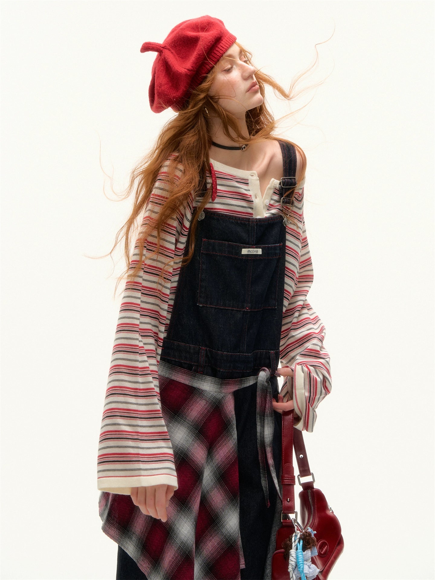 Raw Denim Wide-Leg Overalls with Red Stitching