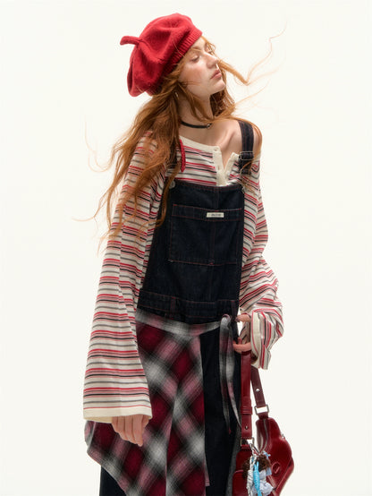 Raw Denim Wide-Leg Overalls with Red Stitching