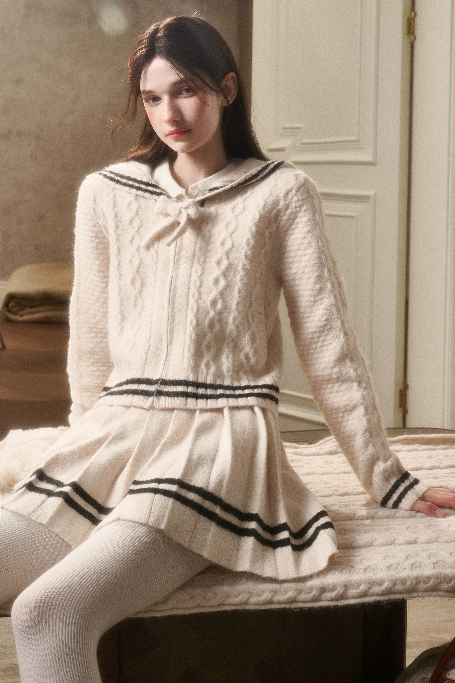 White Philosophy Wool Cloud Cable-Knit Cardigan &amp; Pleated Skirt Set