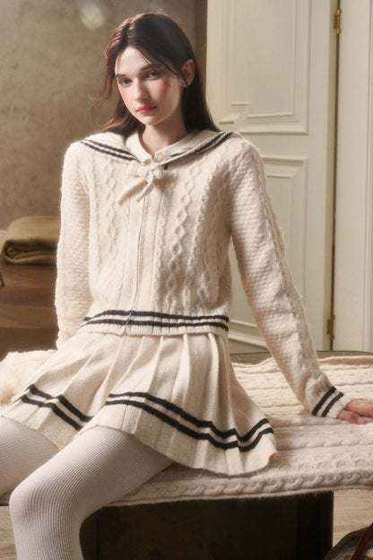 White Philosophy Wool Cloud Cable-Knit Cardigan &amp; Pleated Skirt Set