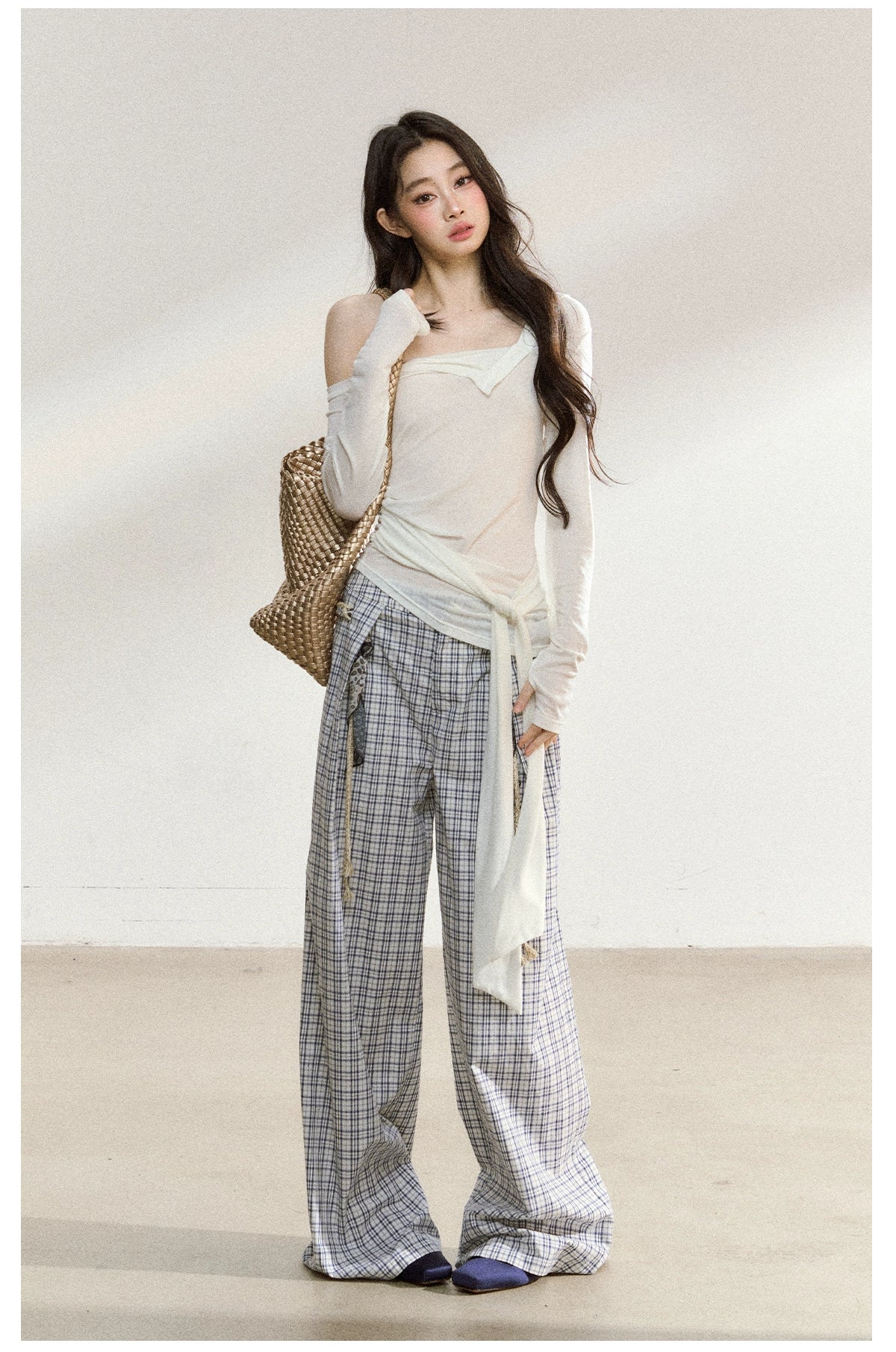 Relaxed Plaid Cotton Wide-Leg Trousers