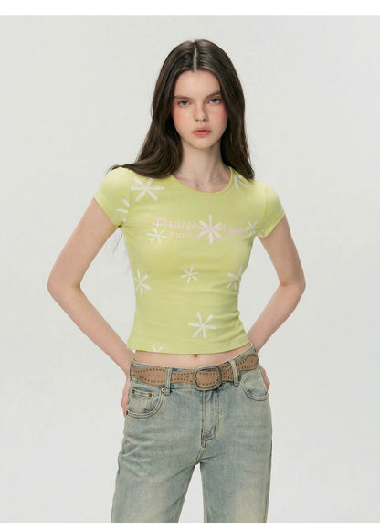 Vintage Contrast Floral Slim-Fit Cropped T-Shirt