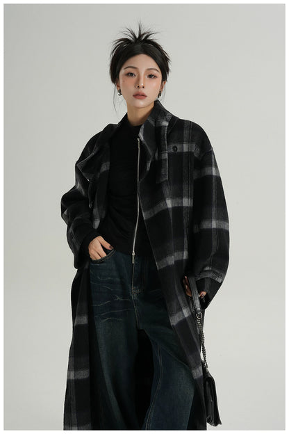 Plaid Stand-Collar Double-Faced Wool Coat