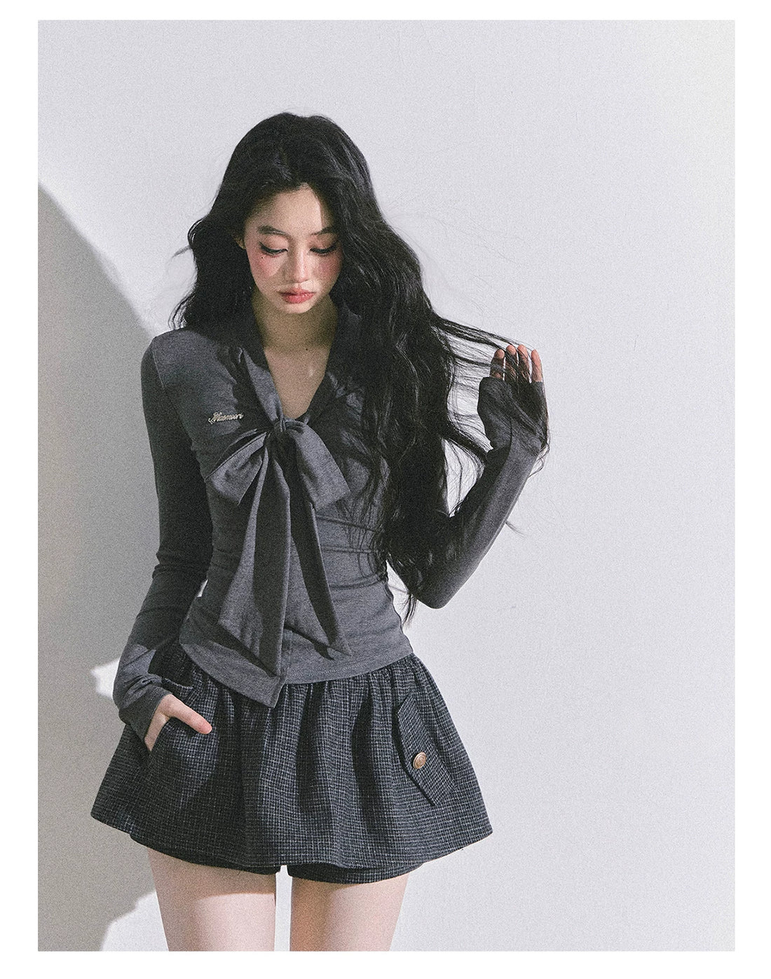 Minimal Korean V-Neck Long-Sleeve T-Shirt