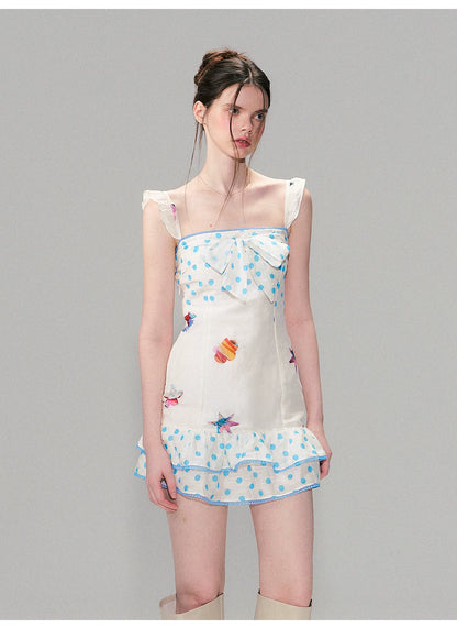 Vintage Contrast Print Flutter Strap Mini Dress