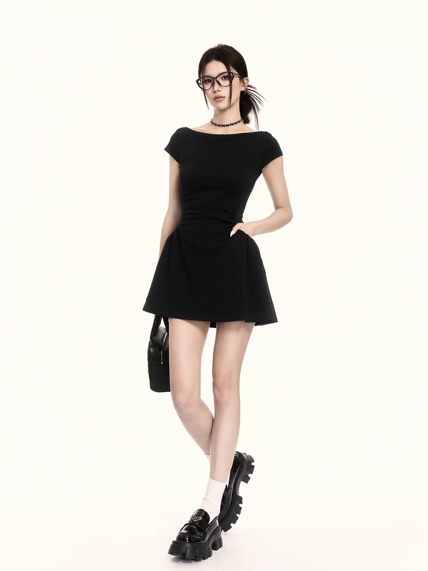 Sculpted Boat-Neck Waist-Defined Mini Dress