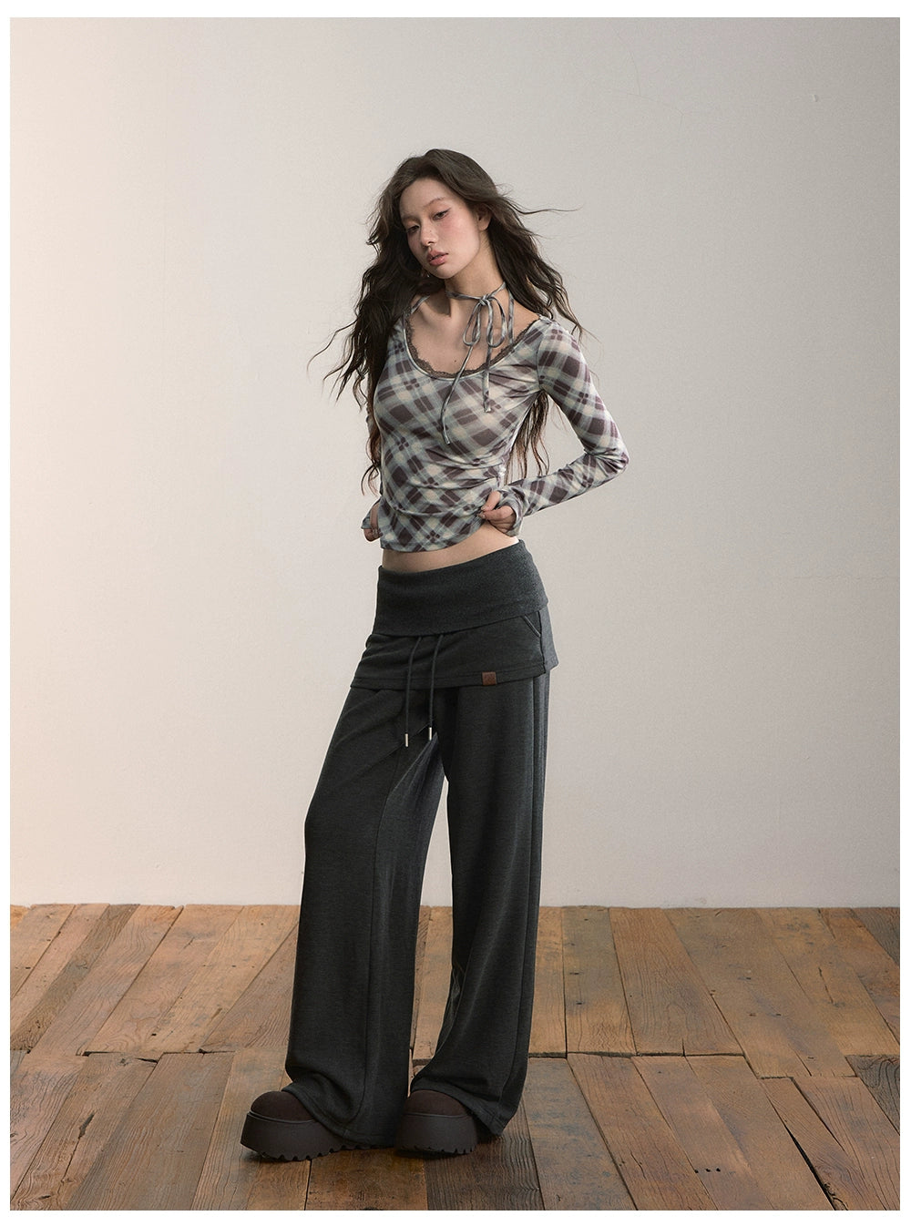 Folded Waist Skirt-Hem Wide-Leg Sweatpants