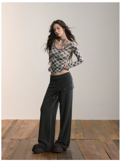Folded Waist Skirt-Hem Wide-Leg Sweatpants