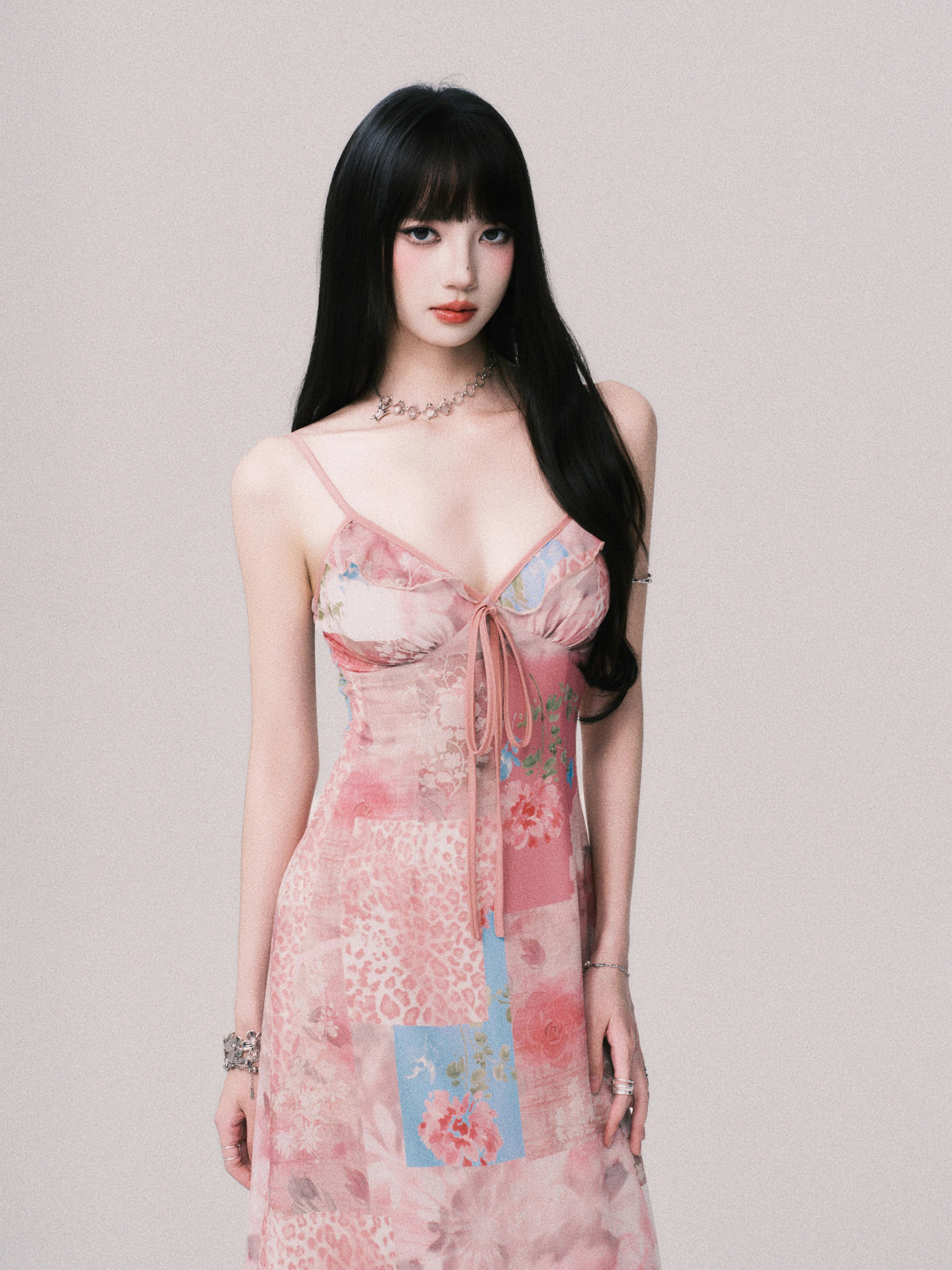 Floral V-Neck Spliced Print Slip Dress