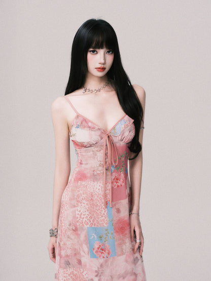 Floral V-Neck Spliced Print Slip Dress