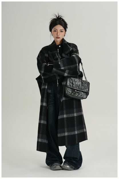Plaid Stand-Collar Double-Faced Wool Coat