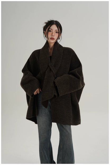 Scarf-Detail Mid-Length Wool Jacket