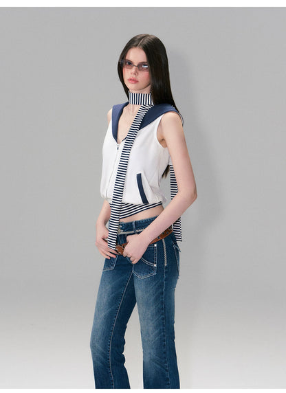 Color-Block Nautical Sailor Collar Sleeveless Top