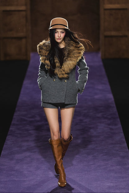 Detachable Fur Collar Wool Tailored Blazer &amp; Shorts Set