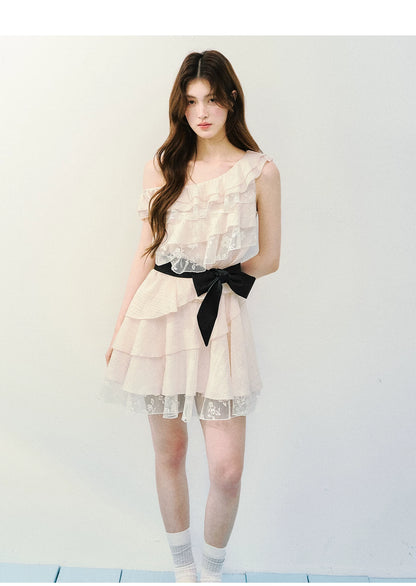 Asymmetric Lace Tiered Ruffle Dress