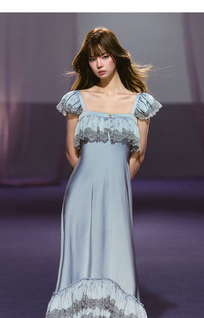 French Lace-Spliced Satin A-Line Maxi Dress