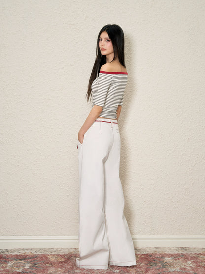 Rose Belt Contrast-Stitch Curved Jeans