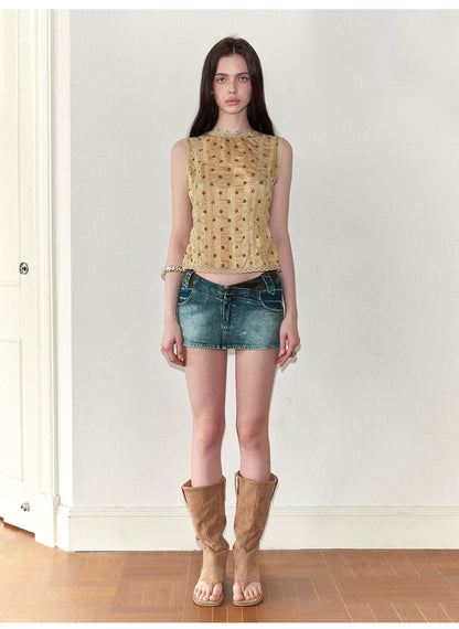 Vintage Washed V-Waist Denim Mini Skirt NeverMore