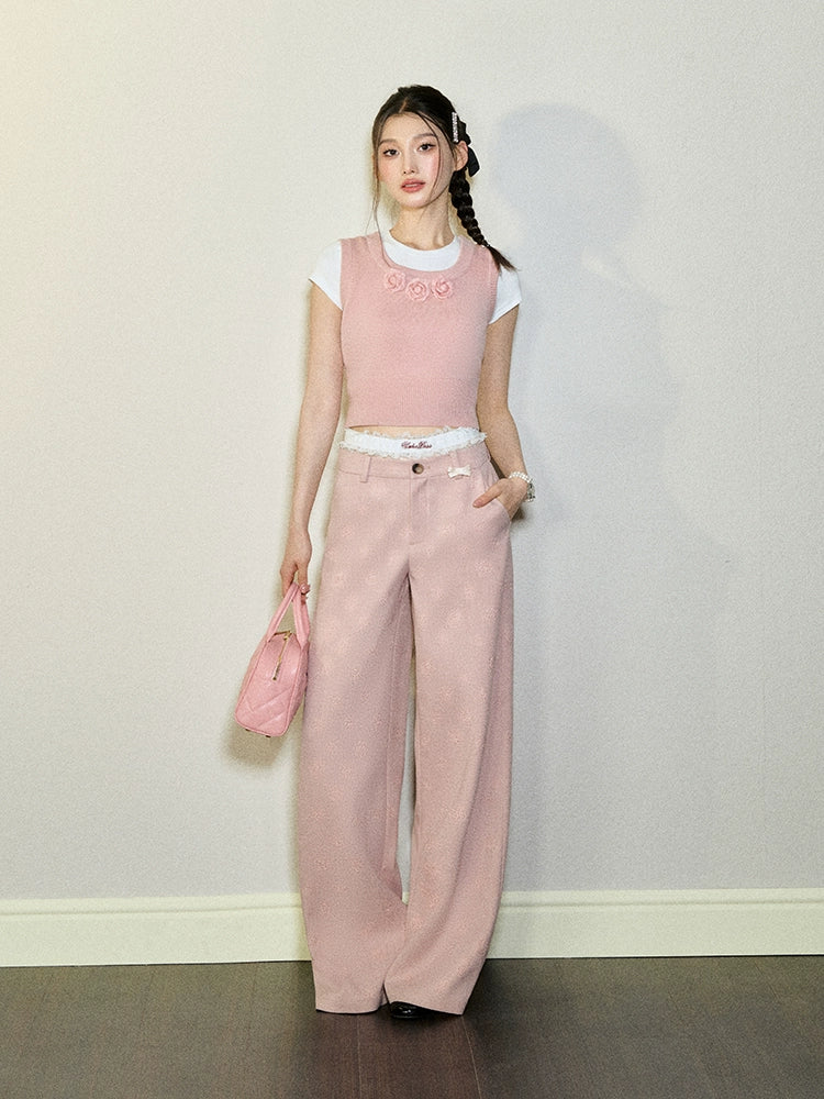 Pink &amp; Gray Camellia Print Wide-leg Pants