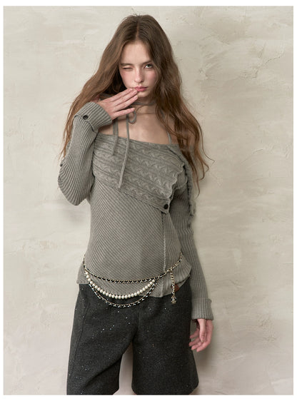 Off-Shoulder Halter Neck Cable Knit Sweater