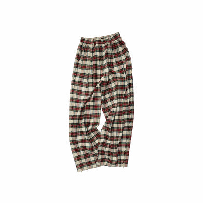 Vintage Red Plaid Brushed Cotton Wide-Leg Pants
