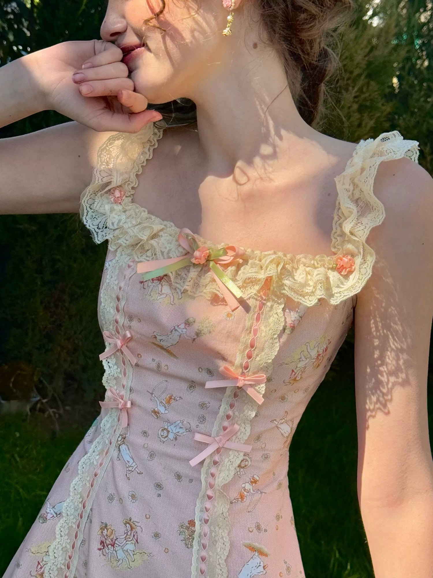 Vintage Pastoral Printed Lace Slip Dress