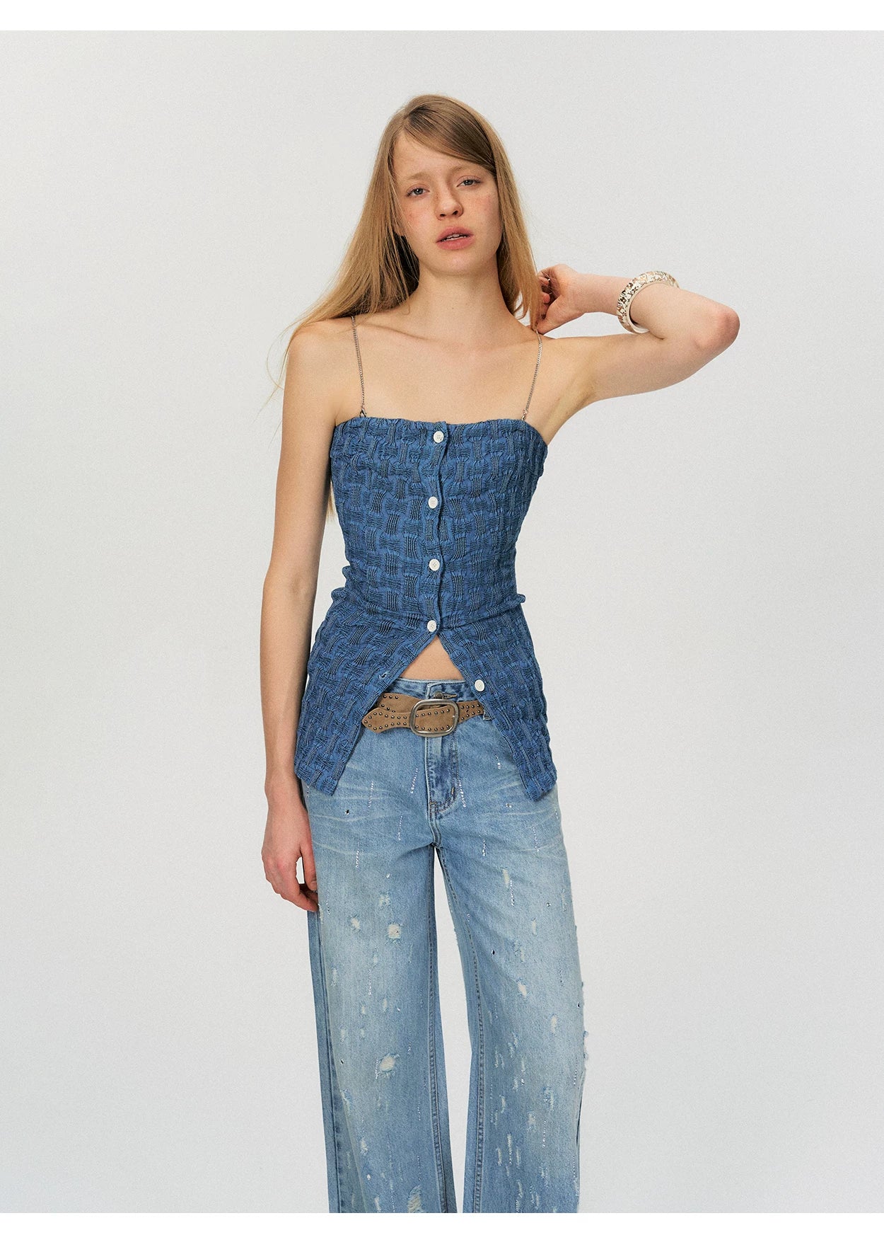 Vintage Washed Blue Rhinestone Embellished Straight-Leg Denim Trousers