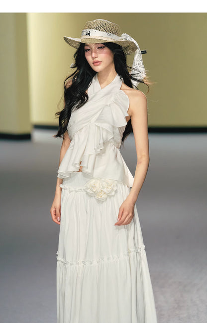 Lyocell Satin Ruffle Halter Top &amp; Floral Maxi Skirt Set