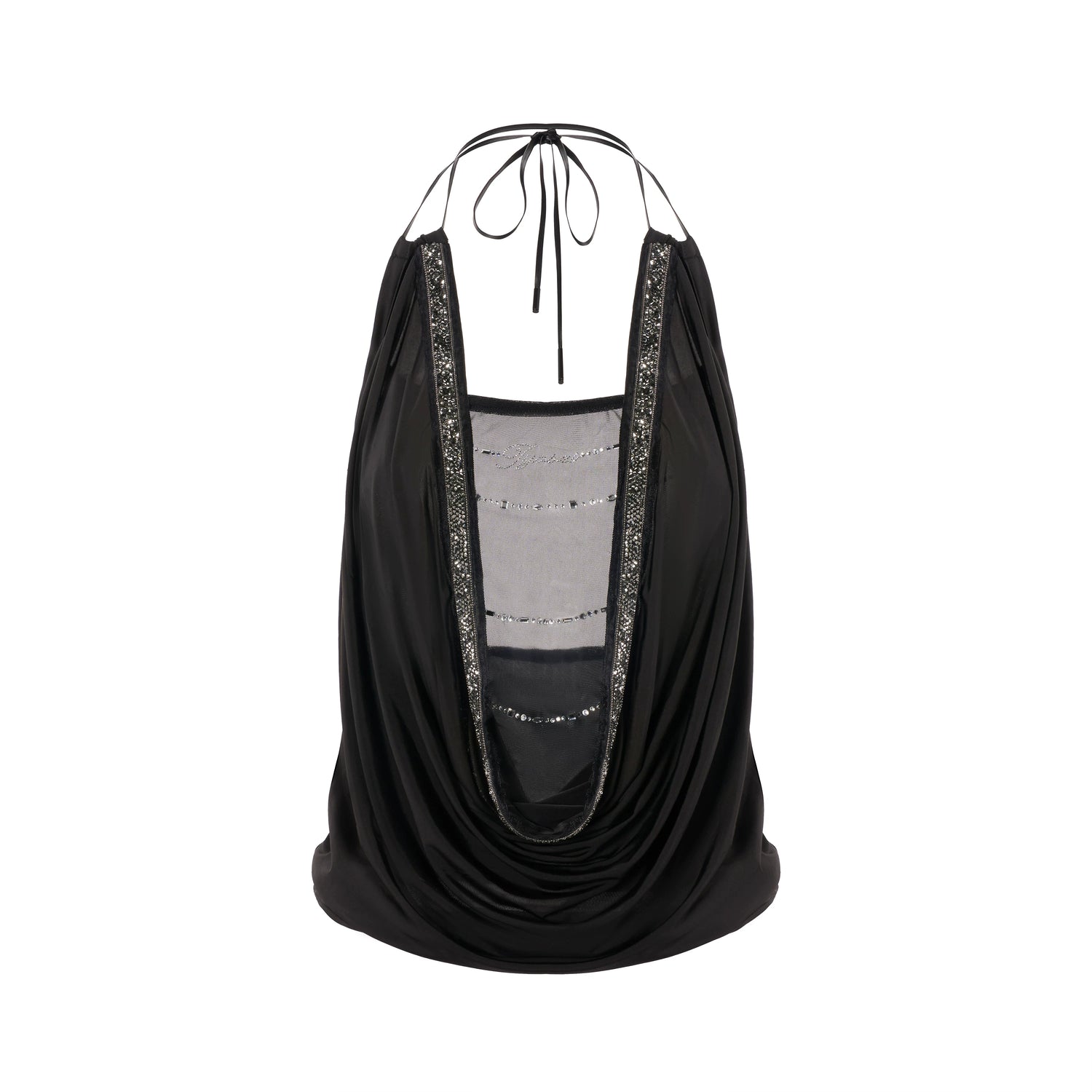 Black Draped Neck Mesh-Knit Halter Top