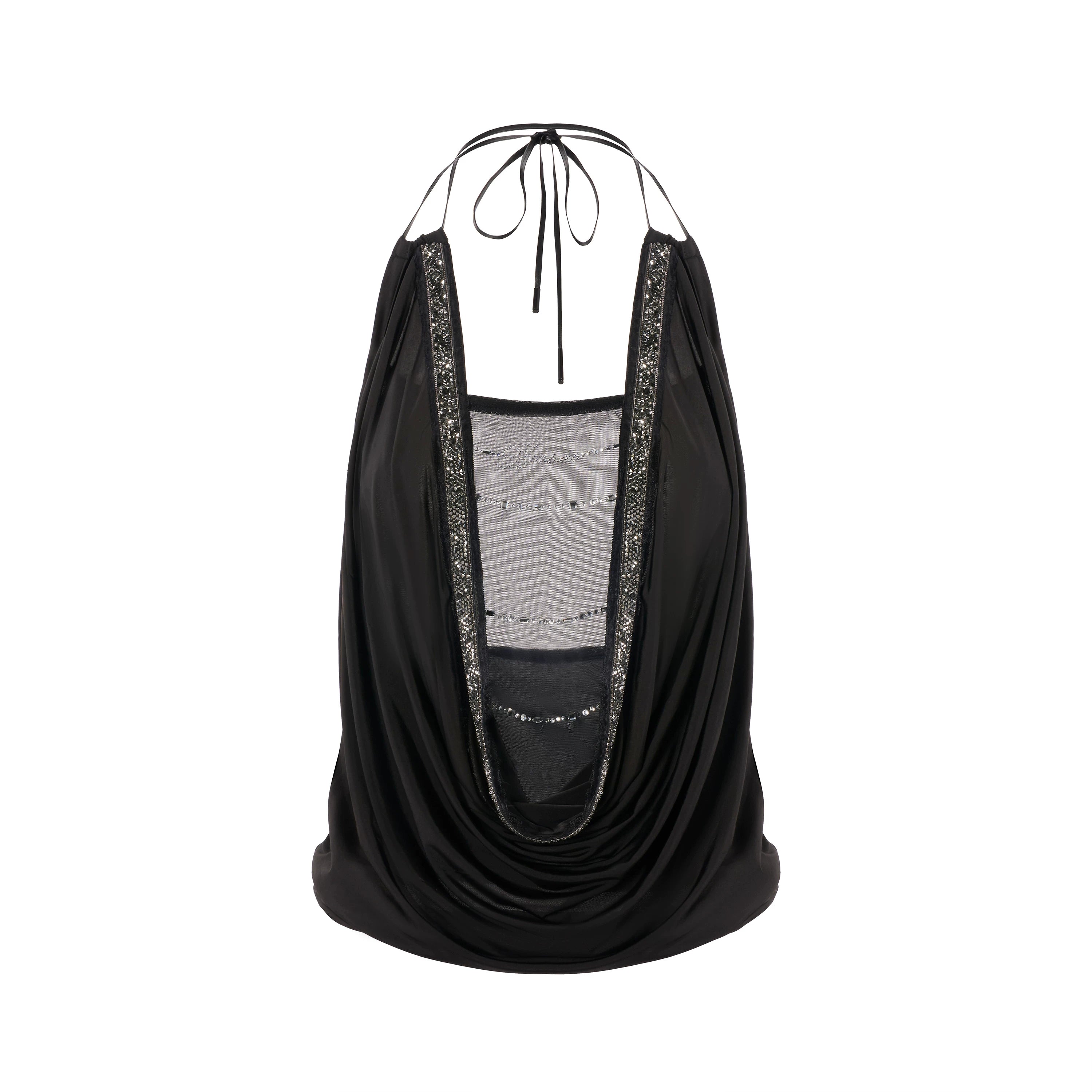 Black Draped Neck Mesh-Knit Halter Top