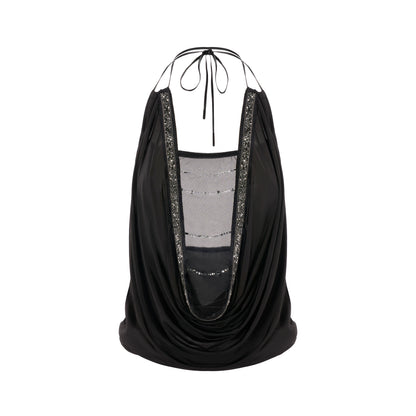Black Draped Neck Mesh-Knit Halter Top