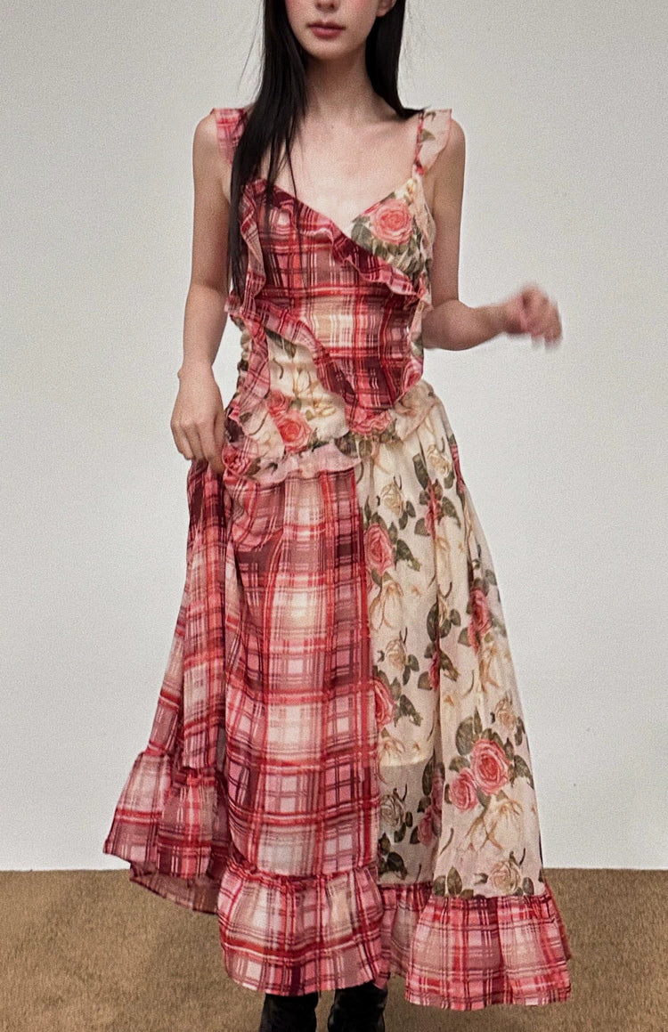 Red Plaid Rose Floral Dress