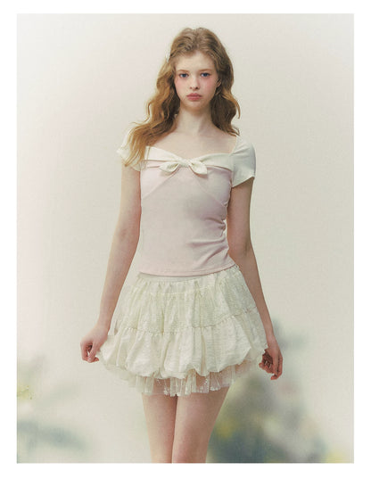 Contrast Bow Square-Neck Fitted Tee